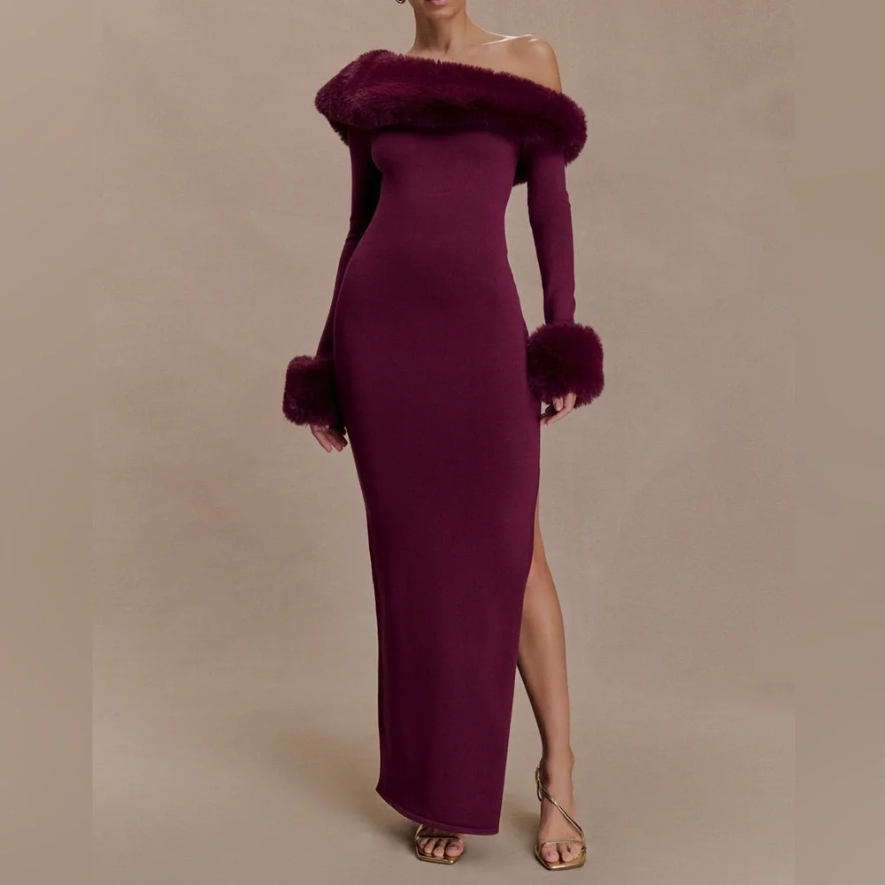 Faux Fur Knit Maxi Dress - Plum - Picture 1 of 3